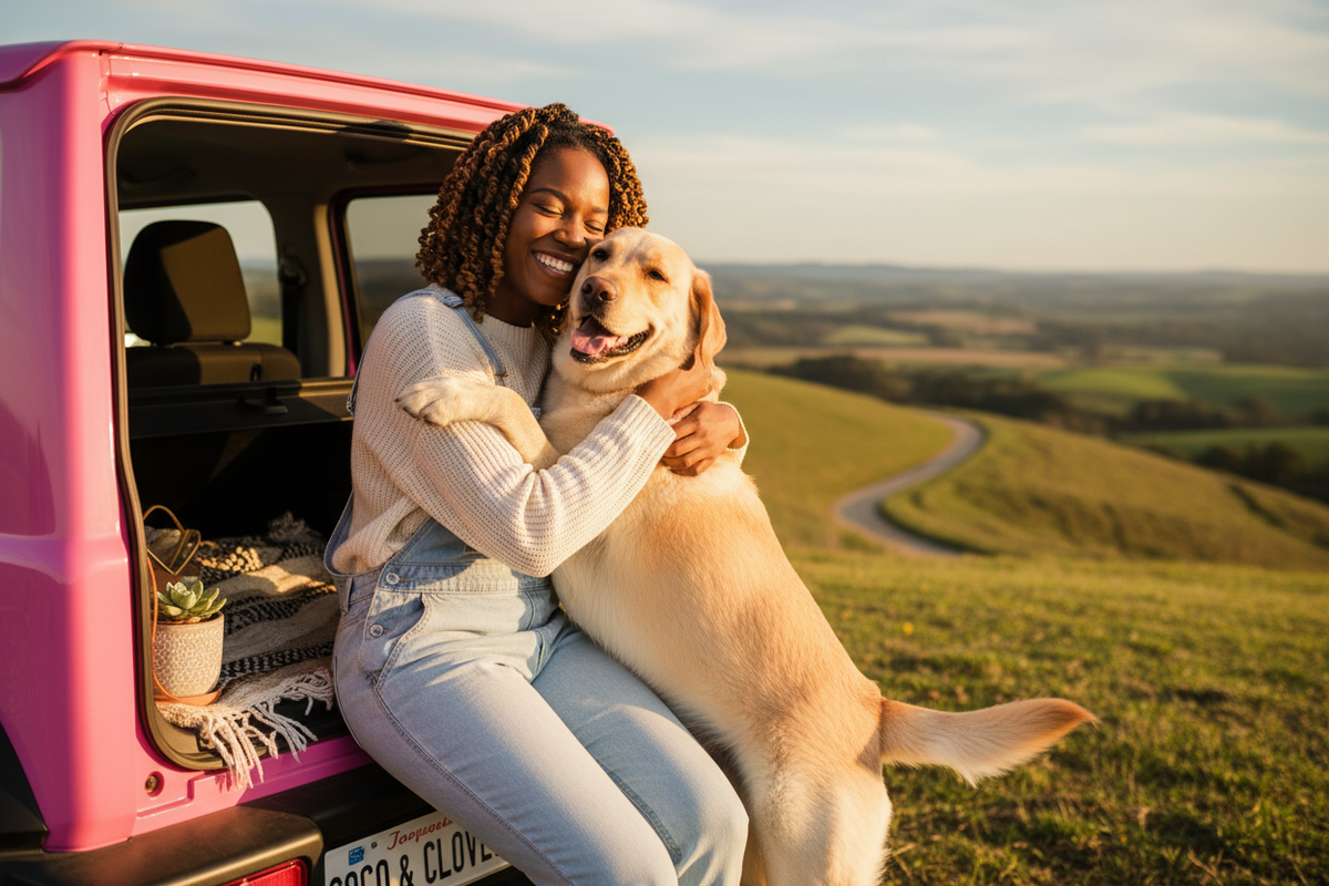A woman in a white ribbed long-sleeve top and light blue jeans hugs a golden retriever dog sitting in the open trunk of a bright pink vehicle, set against a scenic rolling green hills landscape at sunset.