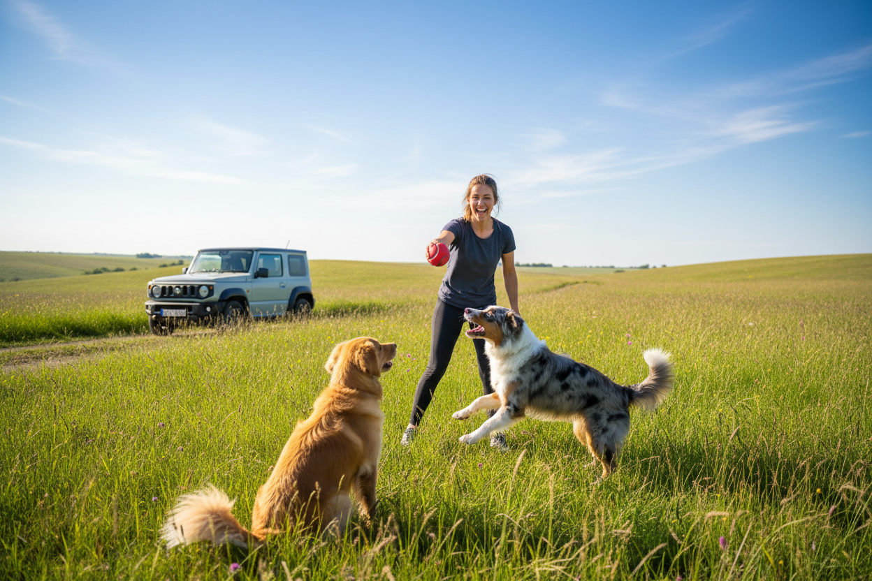Woman playing with two dogs in a grassy field with a car in the background