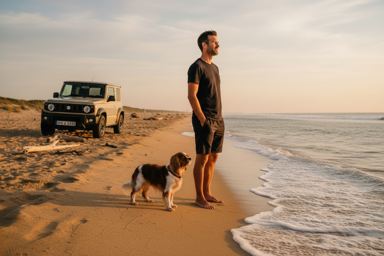 Man standing on a beach with a dog and a car in the background