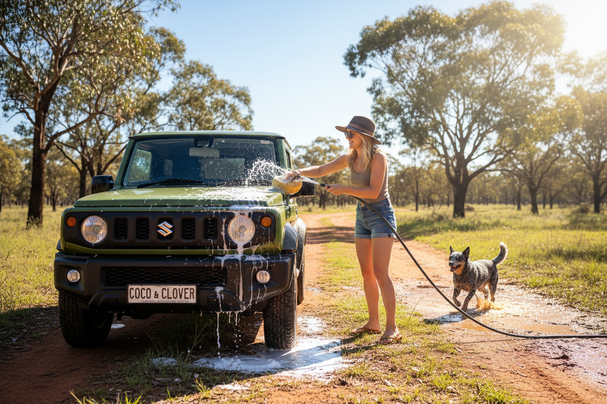 Woman washing a green SUV with a dog on a leash in a rural setting